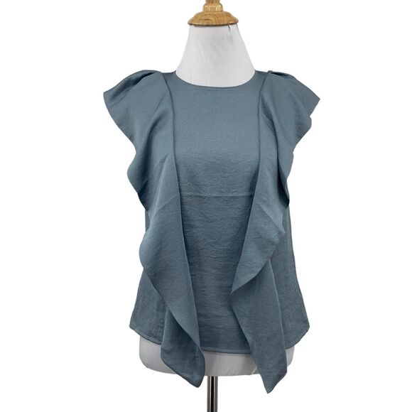 Express Top Women XS Extra Small Slate Satin Keyhole Back Flutter Sleeve Ruffle - Picture 1 of 12
